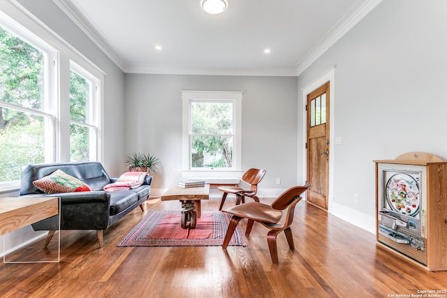 sitting room with ornamental molding, hardwood / wood-style flooring, and plenty of natural light