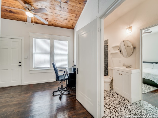 office area featuring lofted ceiling, ceiling fan, wooden ceiling, dark wood-type flooring, and sink