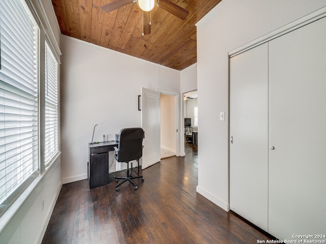 office space with ceiling fan, wooden ceiling, and dark hardwood / wood-style flooring