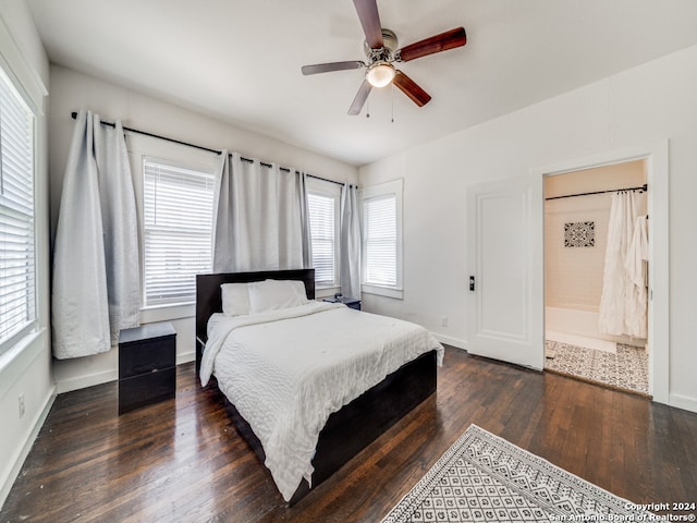 bedroom featuring dark wood-type flooring and ceiling fan