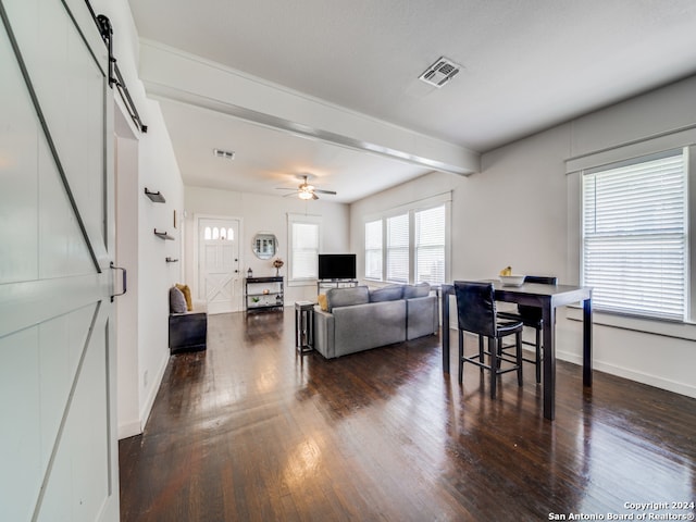 living room with beam ceiling, a barn door, ceiling fan, and dark hardwood / wood-style flooring