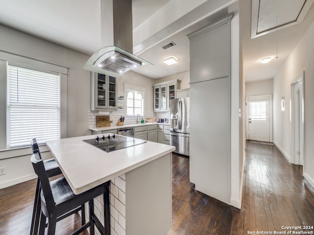 kitchen with dark wood-type flooring, stainless steel appliances, a wealth of natural light, and island range hood