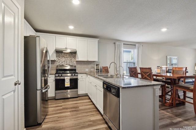 kitchen with sink, white cabinetry, stainless steel appliances, and wood-type flooring