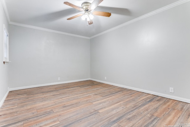 unfurnished room featuring ceiling fan, ornamental molding, and light hardwood / wood-style flooring