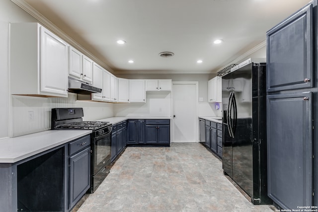 kitchen with ornamental molding, black appliances, white cabinetry, and tasteful backsplash