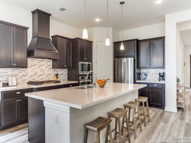 kitchen featuring an island with sink, sink, decorative light fixtures, custom exhaust hood, and appliances with stainless steel finishes