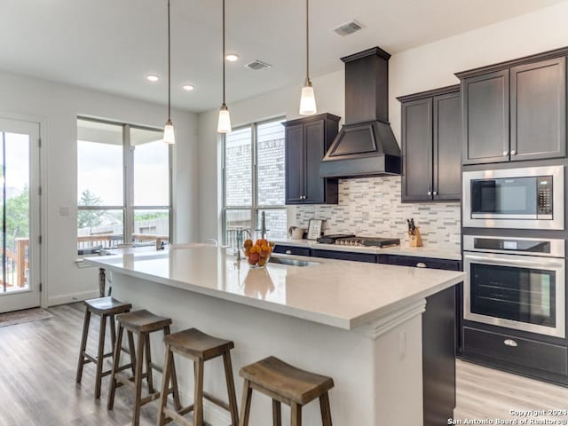 kitchen with stainless steel appliances, custom range hood, a sink, light wood-style floors, and plenty of natural light