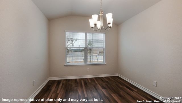 unfurnished room featuring lofted ceiling, a chandelier, and dark wood-type flooring