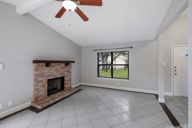 unfurnished living room with a brick fireplace, high vaulted ceiling, light tile patterned floors, and ceiling fan