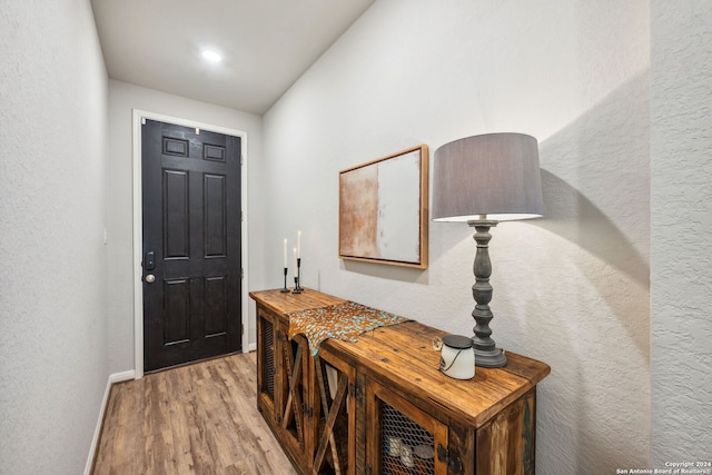 foyer entrance with lofted ceiling and hardwood / wood-style floors