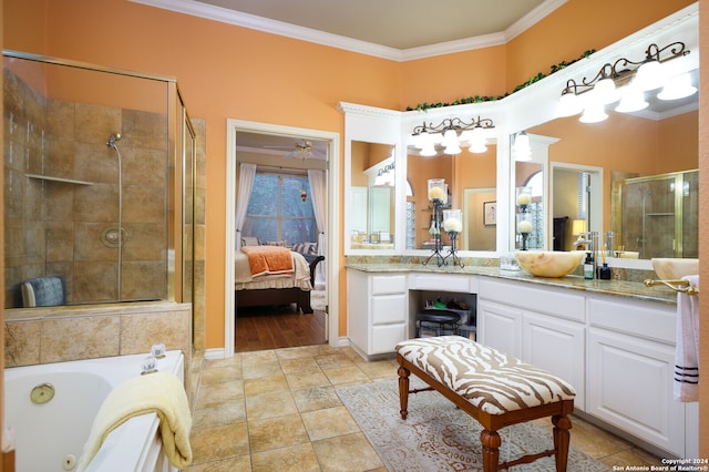 bathroom with independent shower and bath, ceiling fan, vanity, crown molding, and tile patterned flooring