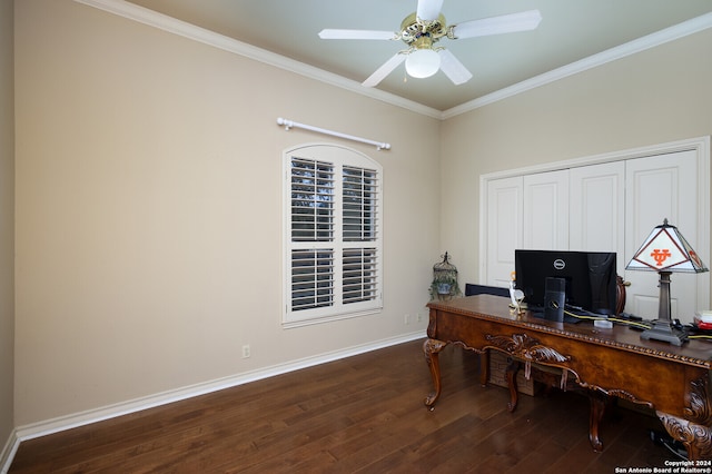 office area with ornamental molding, ceiling fan, and dark hardwood / wood-style flooring