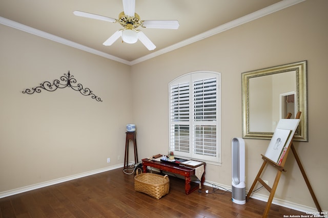 miscellaneous room featuring crown molding, dark hardwood / wood-style floors, and ceiling fan