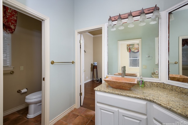 bathroom featuring vanity, ornamental molding, and toilet