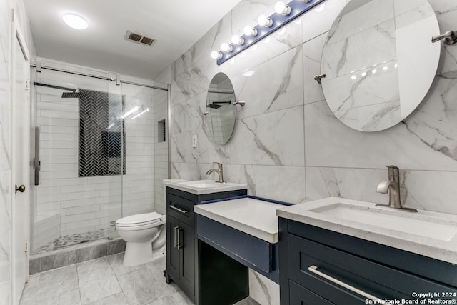 bathroom with backsplash, walk in shower, tile walls, toilet, and vanity