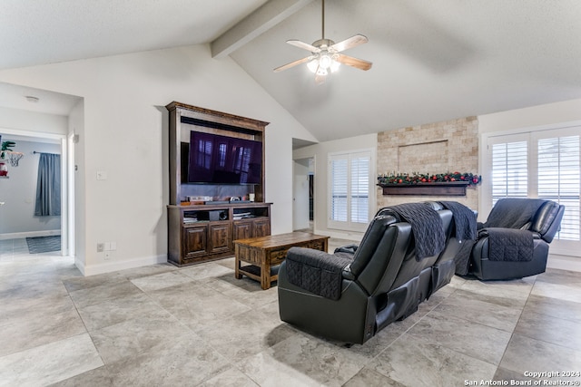 living room featuring beam ceiling, high vaulted ceiling, and ceiling fan