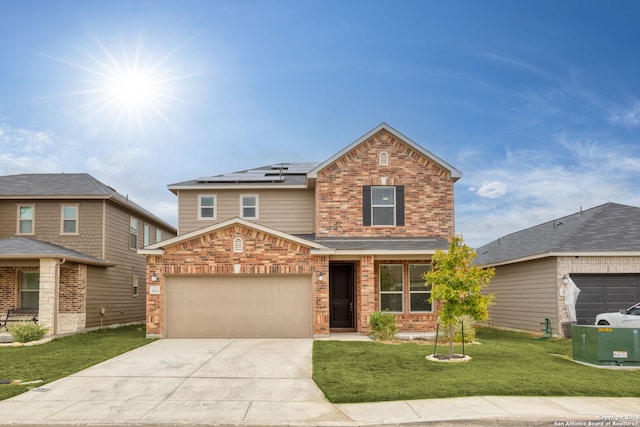 view of front facade featuring solar panels, a front lawn, and a garage