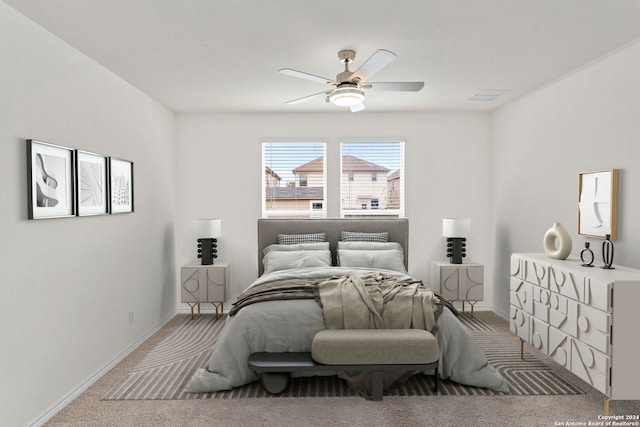 carpeted bedroom with ceiling fan