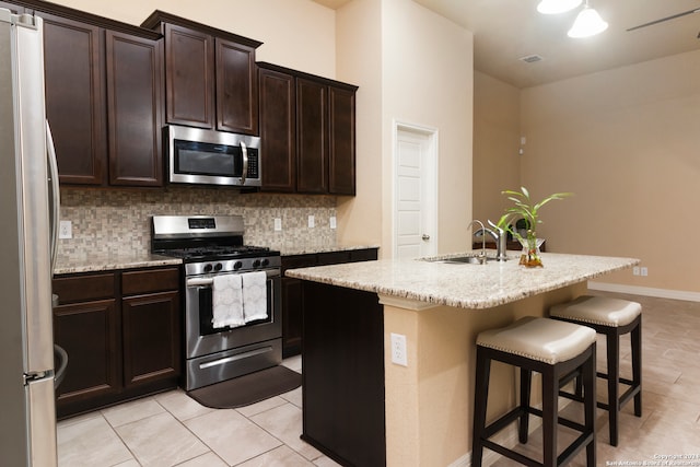 kitchen featuring decorative backsplash, a kitchen island with sink, sink, a kitchen bar, and appliances with stainless steel finishes