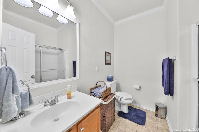 bathroom featuring toilet, ornamental molding, vanity, an enclosed shower, and tile patterned flooring