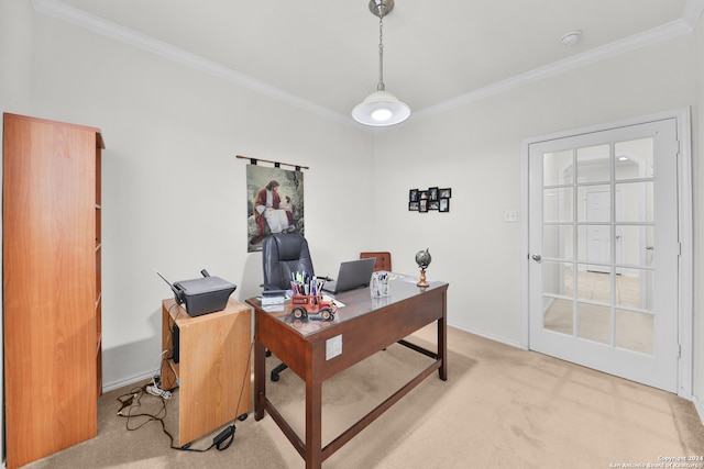 home office with ornamental molding and light colored carpet