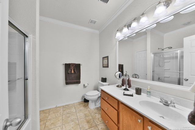 bathroom featuring vanity, an enclosed shower, toilet, and crown molding