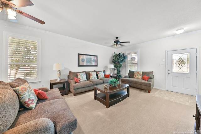 living room with crown molding and ceiling fan