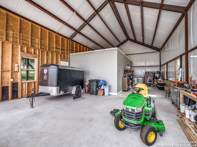 garage with a workshop area