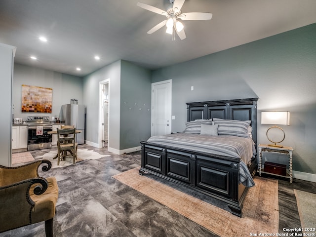 bedroom with stainless steel fridge, ensuite bath, and ceiling fan