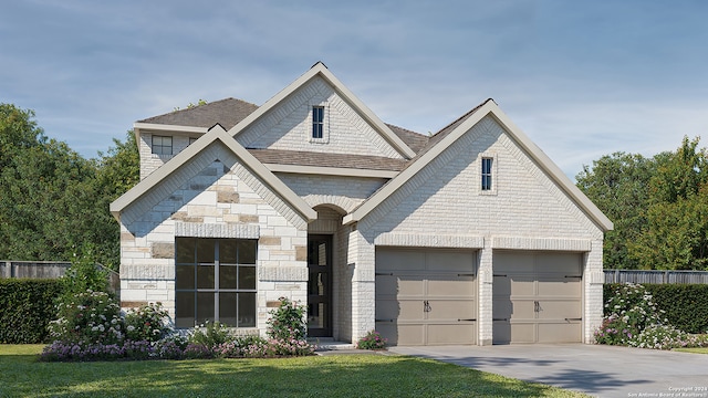 view of front facade featuring concrete driveway, a front lawn, a garage, stone siding, and brick siding