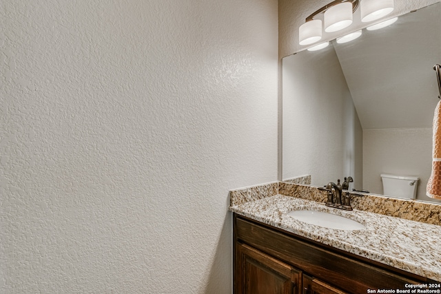 bathroom with vanity, toilet, and lofted ceiling