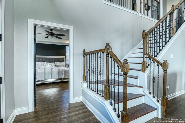 stairs with wood-type flooring and ceiling fan