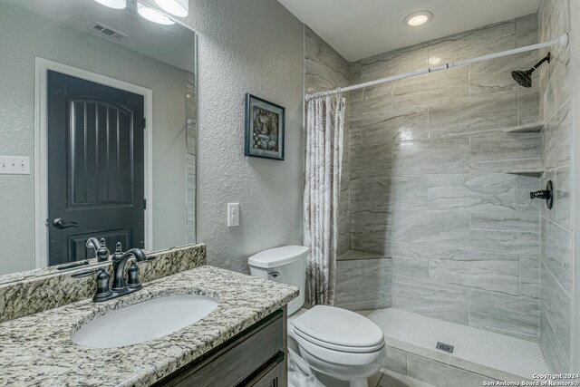 bathroom with vanity, curtained shower, and toilet