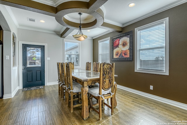 dining room featuring ornamental molding, hardwood / wood-style floors, and a healthy amount of sunlight