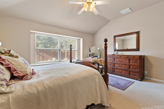 bedroom featuring ceiling fan, lofted ceiling, and carpet floors