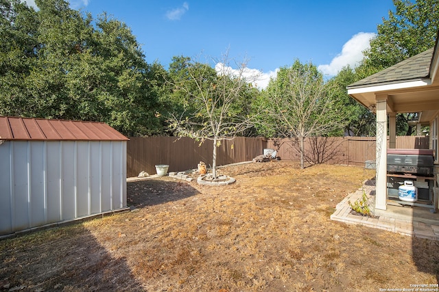 view of yard with a storage shed