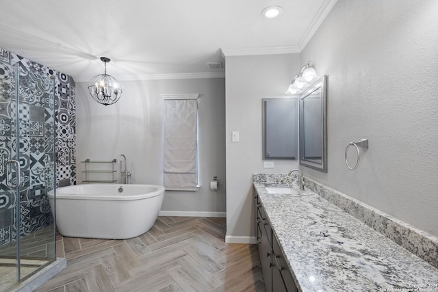 bathroom with vanity, parquet flooring, crown molding, and independent shower and bath