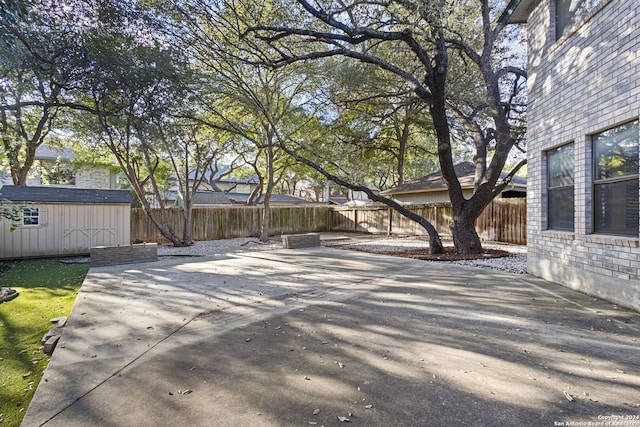 view of yard featuring a patio area and a storage shed