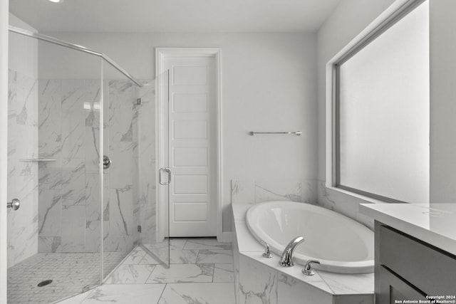 24054 Sidehill Lie, San Antonio, TX 78261 - full bath featuring a marble finish shower, a bath, vanity, and marble finish flooring