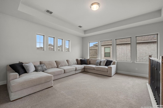 carpeted living room with a raised ceiling