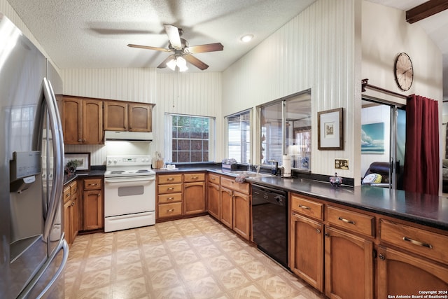 kitchen with dishwasher, beam ceiling, electric range, stainless steel fridge with ice dispenser, and a textured ceiling