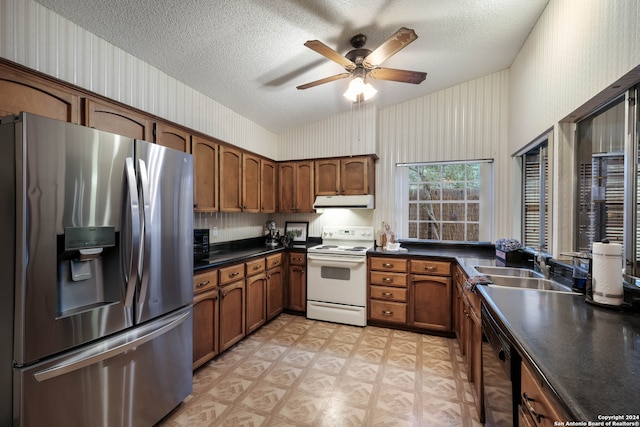 kitchen with ceiling fan, stainless steel fridge with ice dispenser, a textured ceiling, white electric range, and dishwasher