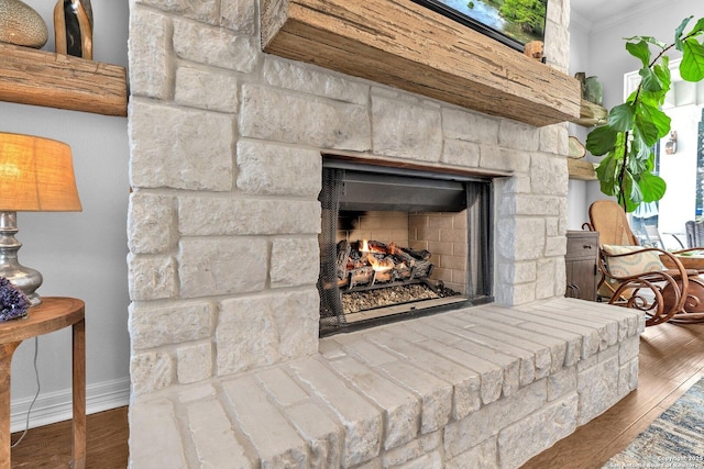 interior details with hardwood / wood-style floors, a fireplace, and ornamental molding