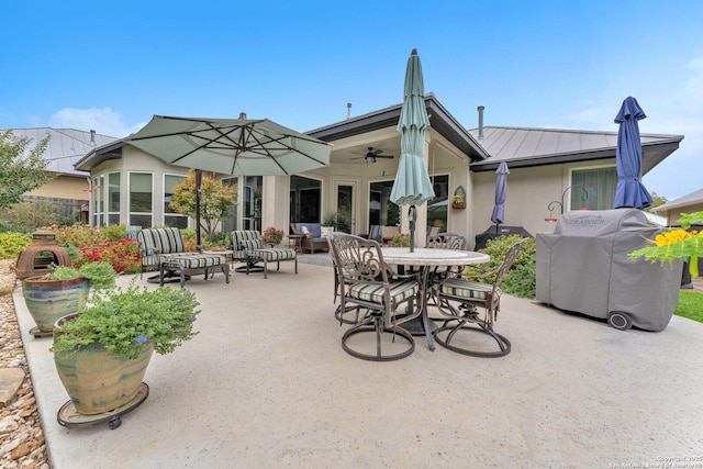 rear view of property featuring a patio, an outdoor hangout area, and ceiling fan