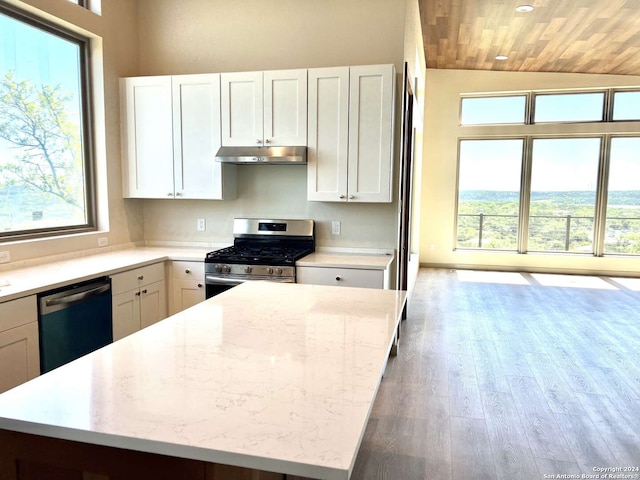 kitchen with light stone counters, appliances with stainless steel finishes, a wealth of natural light, and white cabinets