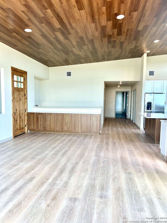 unfurnished living room with light hardwood / wood-style floors and wood ceiling