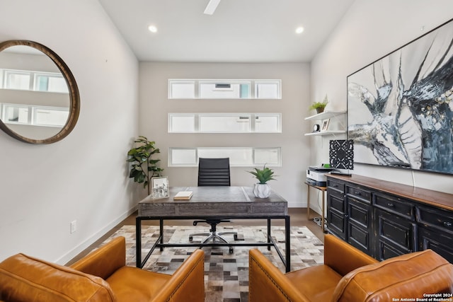 home office featuring dark wood-type flooring