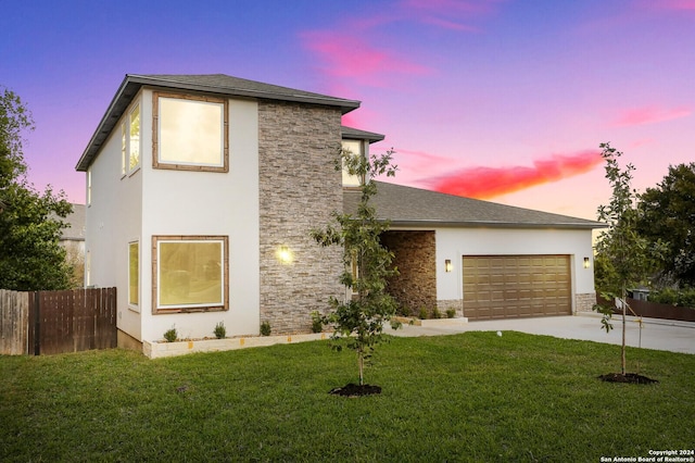 19402 Easy Oak, San Antonio, TX 78258 - view of front of property with a garage, concrete driveway, a front lawn, and stone siding