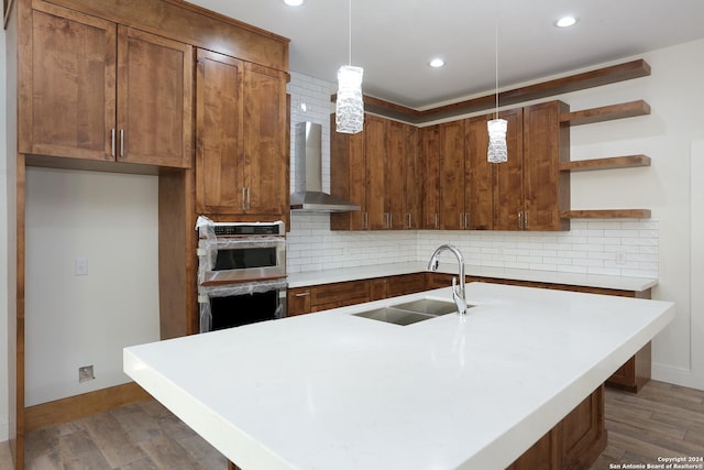 19402 Easy Oak, San Antonio, TX 78258 - kitchen with open shelves, a sink, wall chimney exhaust hood, and tasteful backsplash