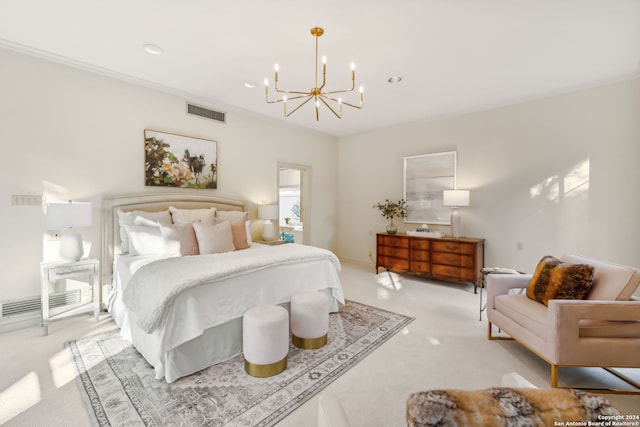 carpeted bedroom with an inviting chandelier and ornamental molding